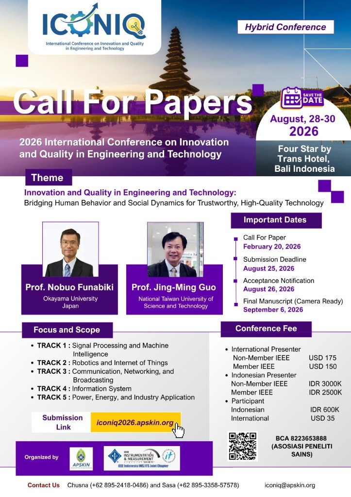 Poster Call For Papers ICONIQ 2026 — 2026 International Conference on Innovation and Quality in Engineering and Technology, 28-30 Agustus 2026, Four Star by Trans Hotel, Bali